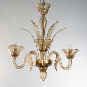 Handmade Murano glass chandelier amber color with artistic decorations, 3 lights, handmade Made in Italy