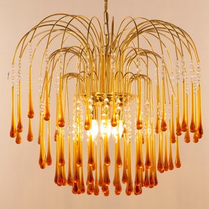Big rain drop Murano chandelier, cascade of crystals and drops in orange amber glass, vintage style, 70cm diameter
