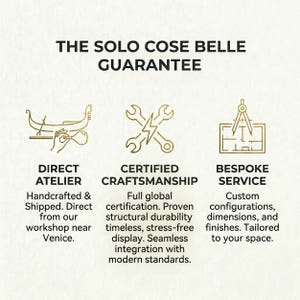 The image is a visual representation of a guarantee offered by a company called "The Solo Cose Belle". It features three different types of guarantee services: Direct Atelier, Certified Craftsmanship, and bespoke Service, each represented by a stylized icon.