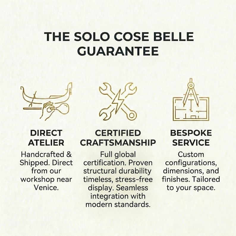 The image is a visual representation of a guarantee offered by a company called "The Solo Cose Belle". It features three different types of guarantee services: Direct Atelier, Certified Craftsmanship, and bespoke Service, each represented by a stylized icon.