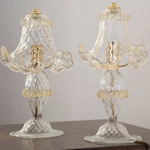 Set of 2 Murano glass crystal color table lamps with artistic gold leaf decoration, handmade Made in Italy