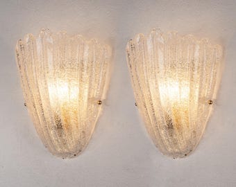 Applique murale en verre de Murano festonné, lot de 2, lumière douce transparente, Italie
