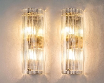 Murano Glass Wall Sconce Set - Deco Vertical Ribbed Texture, Brass Trim