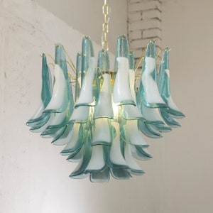 Large pendant lamps Petali Ø65 cm Made in Italy Murano glass teal blue, vintage style chandelier lighting