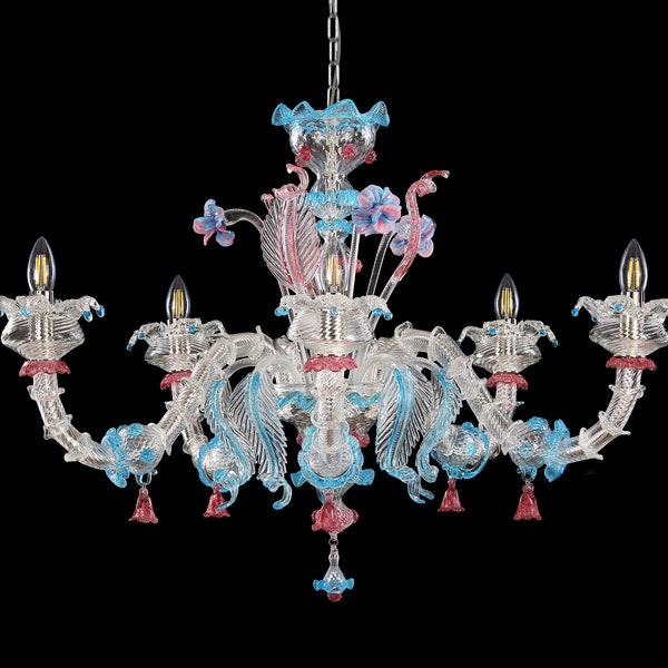 Rezzonivo Venetian chandelier Original Murano glass with blue and pink decorations and flowers, handmade Made in Italy