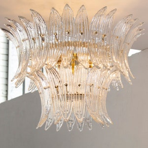Ceiling lamp with handmade leaves made of Murano glass in pure crystal color, height 46 cm, Made in Italy