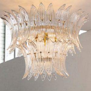 Ceiling lamp with handmade Murano glass leaves "Palmette" in pure crystal colour, Made in Italy