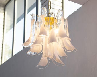 Murano Pendant Petali Ø45 cm - White Venetian Glass Hand-blown Italy - Colorful Lighting