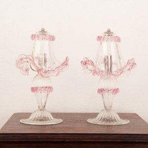 Set of 2 Murano glass table lamps crystal color and pink artistic decorations, handmade Made in Italy
