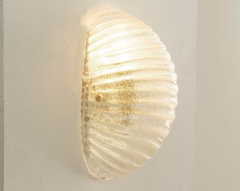Murano Glass Wall Sconce: Italian Shell mid-century Design, Brass Frame