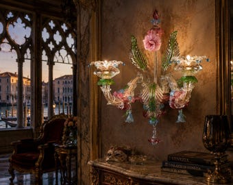 Original Murano Glass Venetian wall sconce pink, green and light blue, Made in Italy