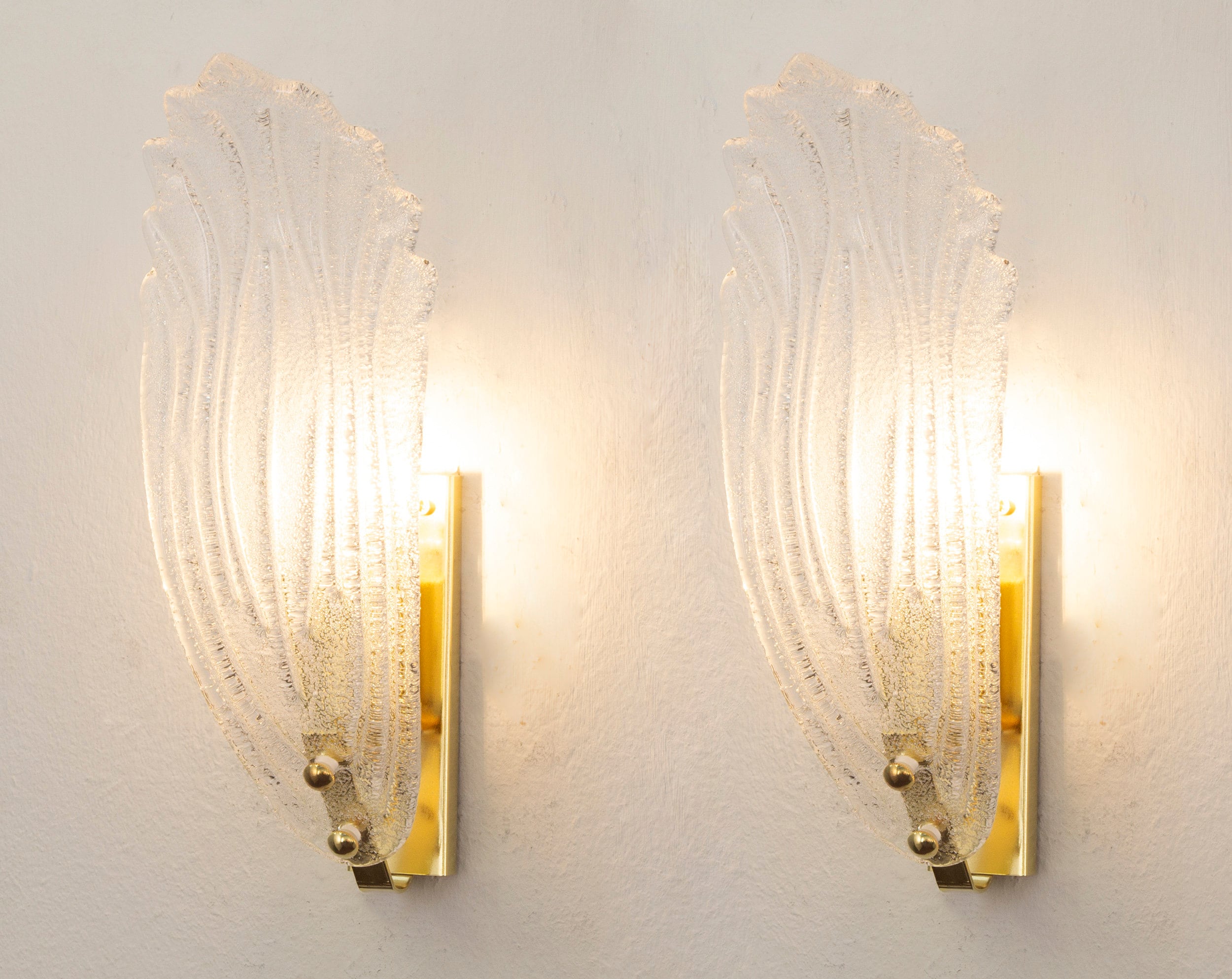 Set of 2 Murano glass wall lamps, leaf decorated with grit, pair of wall sconces Made in Italy
