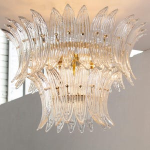 Lustre artesanal em forma de folha de vidro de Murano, luminária de teto italiana transparente.