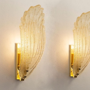 Applique a forma di foglia in vetro di Murano: set di 2 pezzi in stile Mid-Century italiano, color ambra.