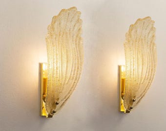 Leaf Sconce Murano glass: Organic Mid Century Italian Set of 2 in Amber