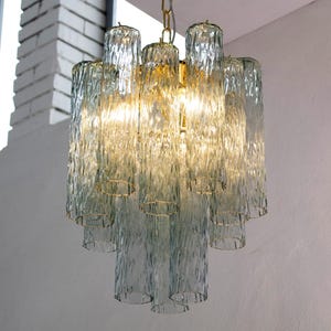 Murano glass pendant chandelier cylinders Rialto green color Made in Italy, vintage style design chandelier