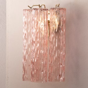 Wall sconce with Murano blown glass pink color Made in Italy, vintage wall lamp with 3 bark tubes