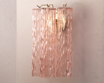 Wall sconce with Murano blown glass pink color Made in Italy, vintage wall lamp with 3 bark tubes