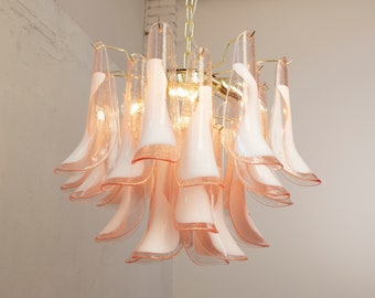 Lámpara de suspensión Petali Ø57 cm Made in Italy en cristal de Murano rosa con punto blanco, lámpara de diseño de estilo vintage