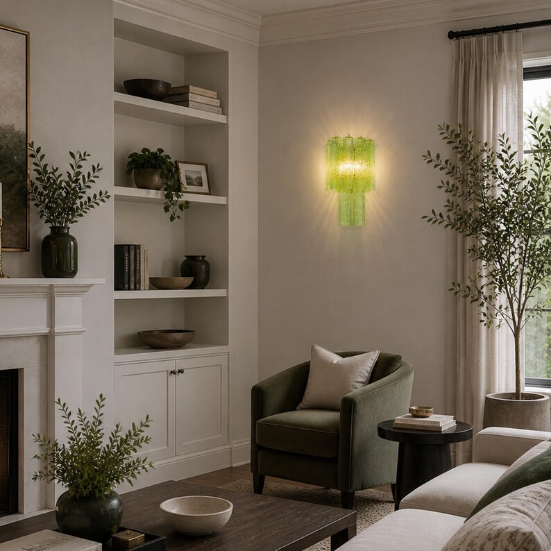 a cozy living room with a fireplace, a green armchair, a wooden coffee table, and a bookshelf filled with books and decorative items.