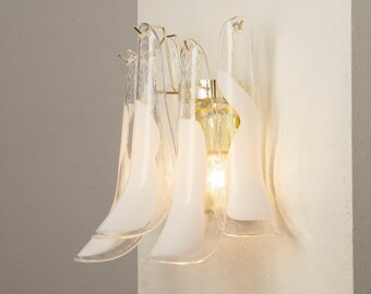 Murano Glass Sconce - Five Clear and White Petali Mid-Century Italian wall light