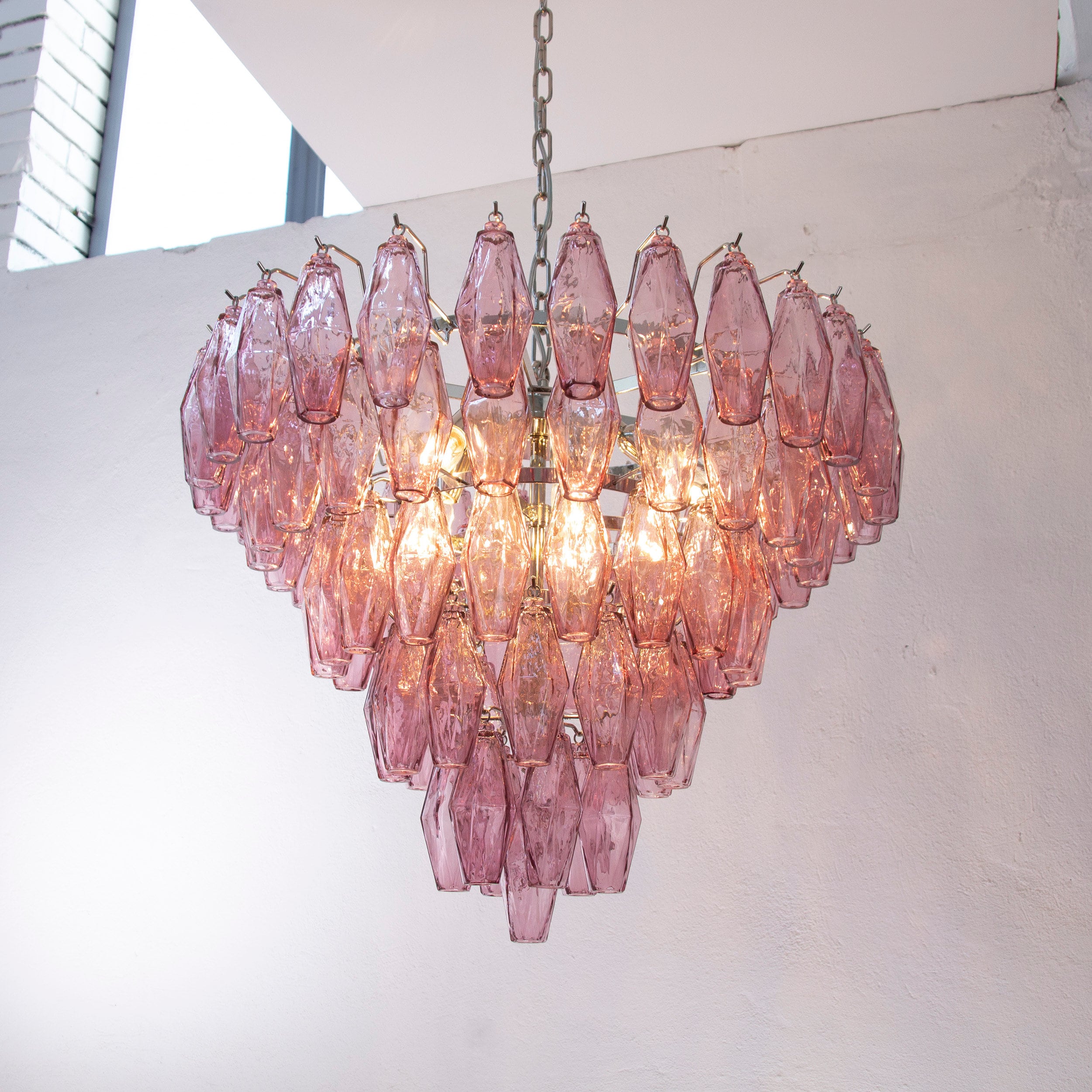 Made in Italy amethyst polyhedron suspension lamp in Murano glass, vintage Venini style chandelier