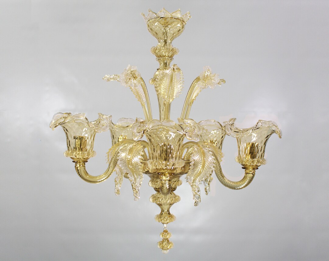 Lustre 5 Lumières Laiton Style Liberty - Verre Et Céramique - Fabriqué En Italie