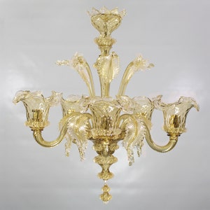 Handmade Murano glass chandelier amber color with gold artistic decorations, 5 lights, handmade Made in Italy