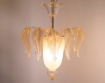 Suspension Deco chandelier Ø60 cm Made in Italy white Murano glass with crystal and gold color leaves, design chandelier