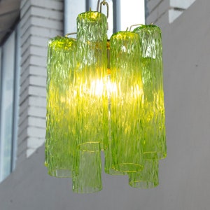 Pendant lamp Made in Italy green Murano glass cylinder chandelier, vintage style design classic, handmade chandelier diameter 26 cm