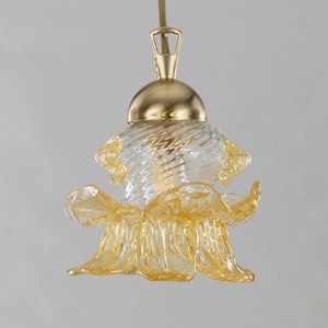 Handmade Murano glass suspension lamp, decorated crystal color and amber gold details, flower chandelier design Made in Italy