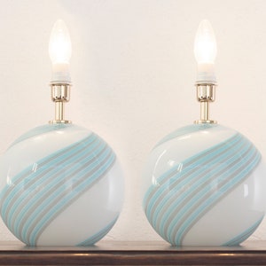 Set of 2 Vintage White color Murano glass table lamp with turquoise and gray filigree decoration, handmade Made in Italy