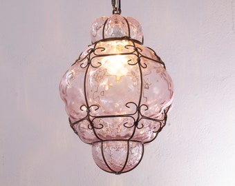 Lampe lanterne en verre de Murano soufflé, couleur améthyste, lustre de style vintage Made in Italy