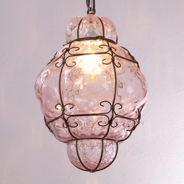 Blown Original Murano Glass Venetian lantern amethyst color, Made in Italy vintage style chandelier