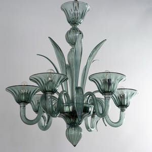 Handmade Murano glass chandelier Rialto green color with artistic decorations, 6 lights, handmade Made in Italy