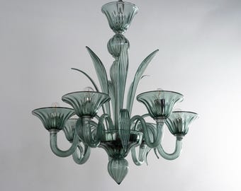 Handmade Murano glass chandelier Rialto green color with artistic decorations, 6 lights, handmade Made in Italy