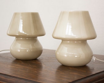 Set of 2 Italian Puffed Mushroom small Lamp, table lamp ivory color h 18cm, Murano glass vintage Made in Italy
