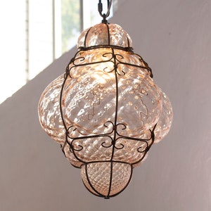 Blown Original Murano Glass Venetian lantern pink color, Made in Italy vintage style chandelier
