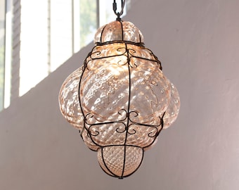 Blown Original Murano Glass Venetian lantern pink color, Made in Italy vintage style chandelier