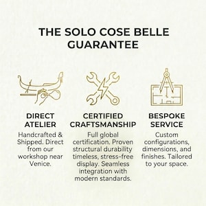The image is a visual representation of a guarantee offered by a company called "The Solo Cose Belle". It features three different types of guarantee services: Direct Atelier, Certified Craftsmanship, and bespoke Service, each represented by a stylized icon.