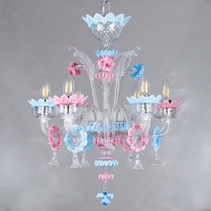Handmade Venetian chandelier original Murano glass with blue and pink decorations and flowers, handmade Made in Italy