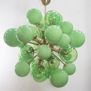 Italian chandelier Sputnik green shades Murano blown glass balls, brass finish, handmade suspension Made in Italy design