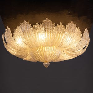 Glass Ceiling Light, Clear Murano Large Flush Mount Chandelier Italian Vintage Style Leaf