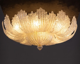 Lámpara de techo de cristal, araña grande empotrada de Murano transparente estilo hoja vintage italiana