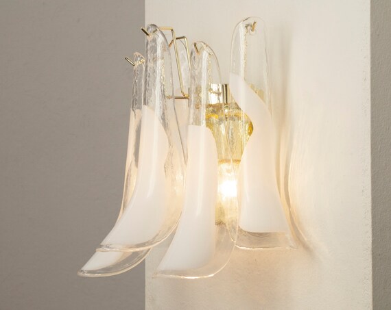 Murano Glass Sconce - Five Clear and White Petali Mid-Century Italian wall light