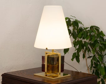 Vintage Table Lamp with Murano Glass Blocks, Brass Frame and Opal Glass Shade