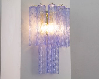 Große Wandleuchte mit Muranoglas, blau-lila Farbe, hergestellt in Italien, Wandleuchte im Vintage-Stil mit Glasröhren