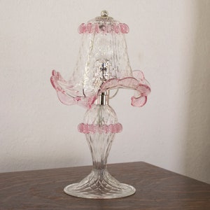 Original Murano glass table lamp with artistic pink decoration, handmade Made in Italy