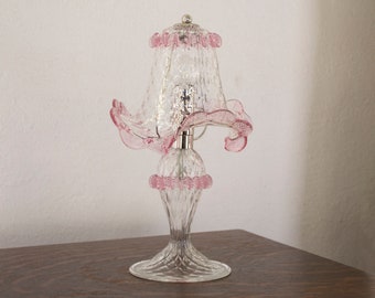 Original Murano glass table lamp with artistic pink decoration, handmade Made in Italy