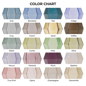 The image is a color chart displaying various shades of blue, green, brown, and beige.